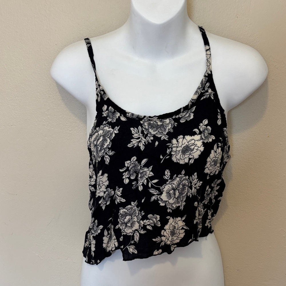 Brandy Melville Black and White Floral Cropped Spaghetti-Strap Cami